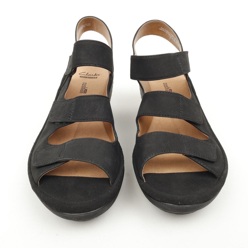 Clarks Womens 8M Reedly Juno Wedge Sandals Soft Cushion Comfort Black